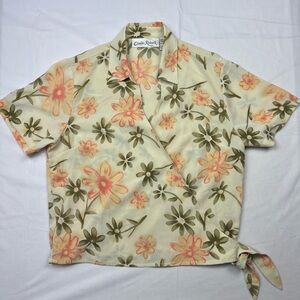 Vintage Claudia Richard Floral Wrap Top Sheer Short Sleeve Tie Waist Size M